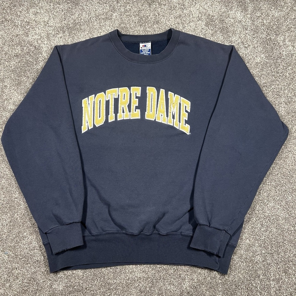 Vintage 1990s Champion Notre Dame University Crewneck Sweatshirt Faded Navy Blue